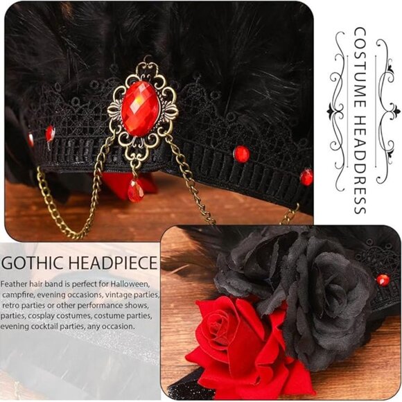 Black Rose Feather Headband Crystal Crown main image 4